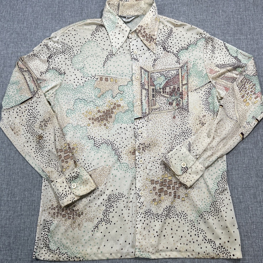 Vintage JP2 70s Novelty Scenic Print Shirt Artsy Europe Village Button Down AOP